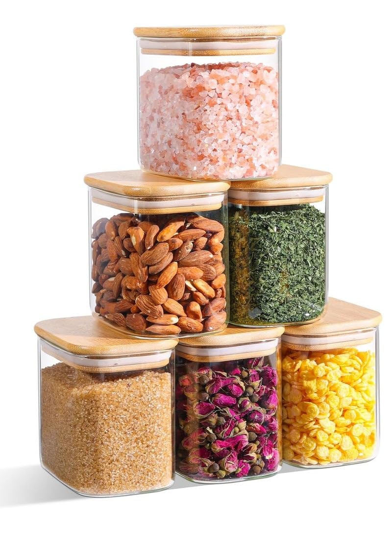 of 6 200ml glass storage jars with lids for storing spices, coffee, tea, cookies, nuts, and seasonings.