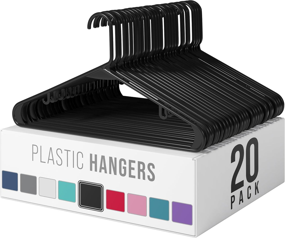 20 Pack Plastic Clothes Hangers - Black Plastic Hangers - Makes Perfect Coat Hanger and Space Saving General Clothes Hangers for Closet - Hangers