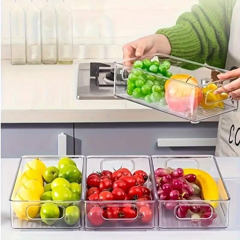 Clear Plastic Storage Organiser Bins with Handles, Stackable Design for Refrigerator, Kitchen, Pantry Organisation, 3 Pack