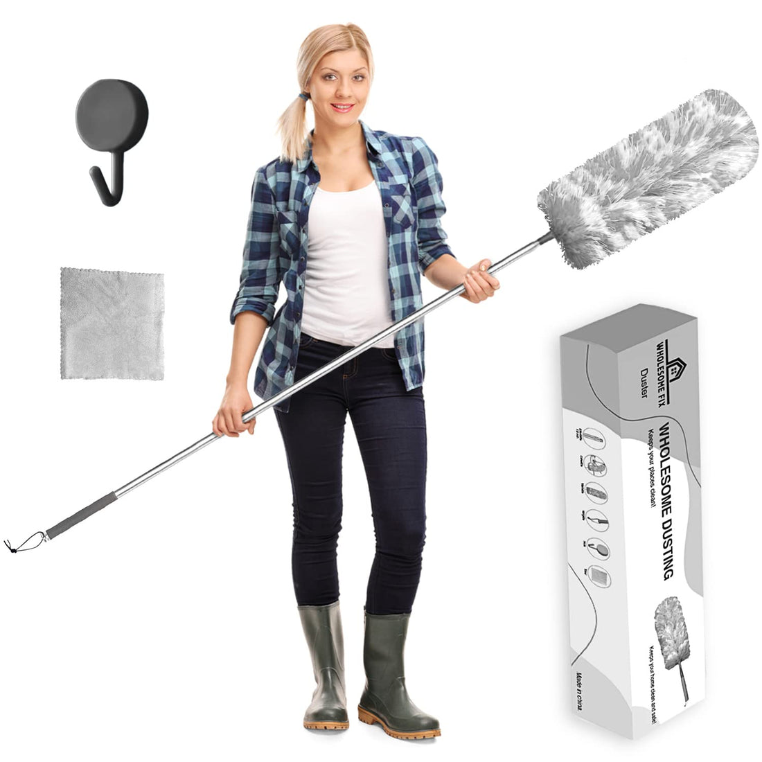 100 Inch Extendable Feather Dusters for Cleaning- Microfiber Long Handled Duster-Washable,With Hook & Towel, Ideal Cobweb Brush Extendable High Ceiling Fans, Dirt, Dust, Grey&White Color