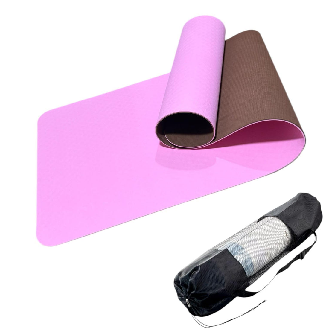 Yoga Mat Thickened Non Slip TPE Eco Friendly Fitness Exercise Pilates Mat Unisex Double Sided Yoga Mat 61m x 0.6cm with Storage Bag Included (Pink/Brown)