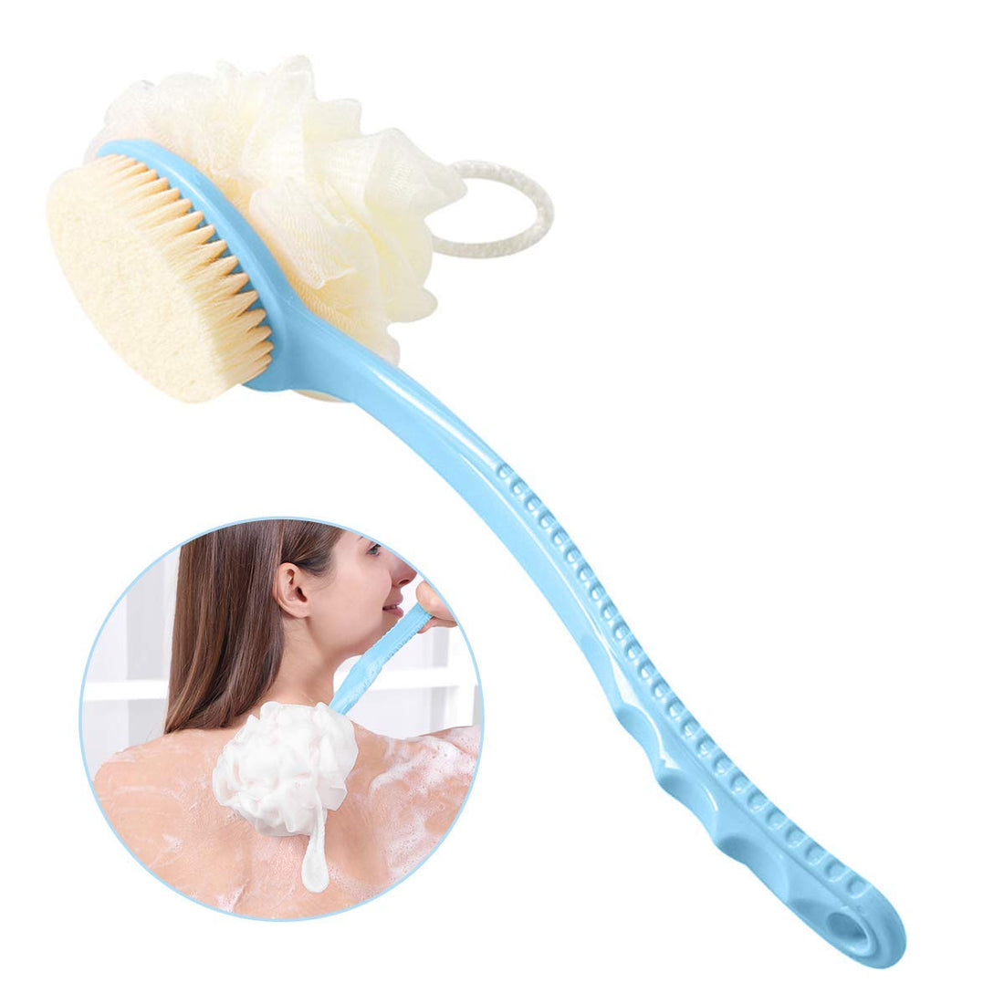 Freskaro 2 in 1 Shower Brush - Dry Skin Body Exfoliator - Shower and Bath Scrubber, Soft and Stiff Massage Bristles, Long Handle, Deep Cleansing, Exfoliating, Radiant Complexion