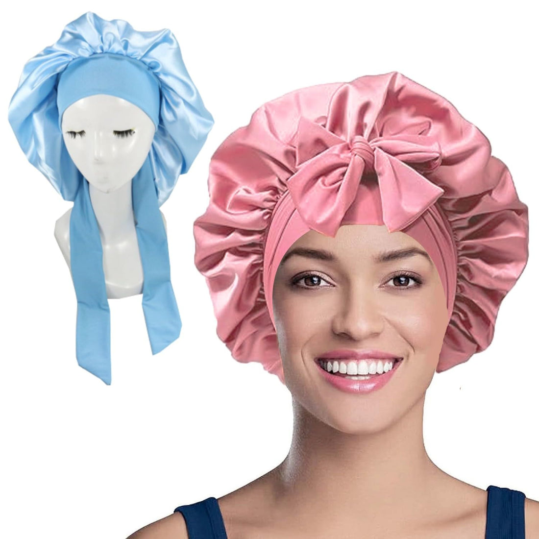 WUBAYI 2PCS Satin Bonnet, Silk Bonnet Hair Wrap for Sleeping, Hair Bonnet for Bath, Tie Band for Women Long Curly Braid Hair