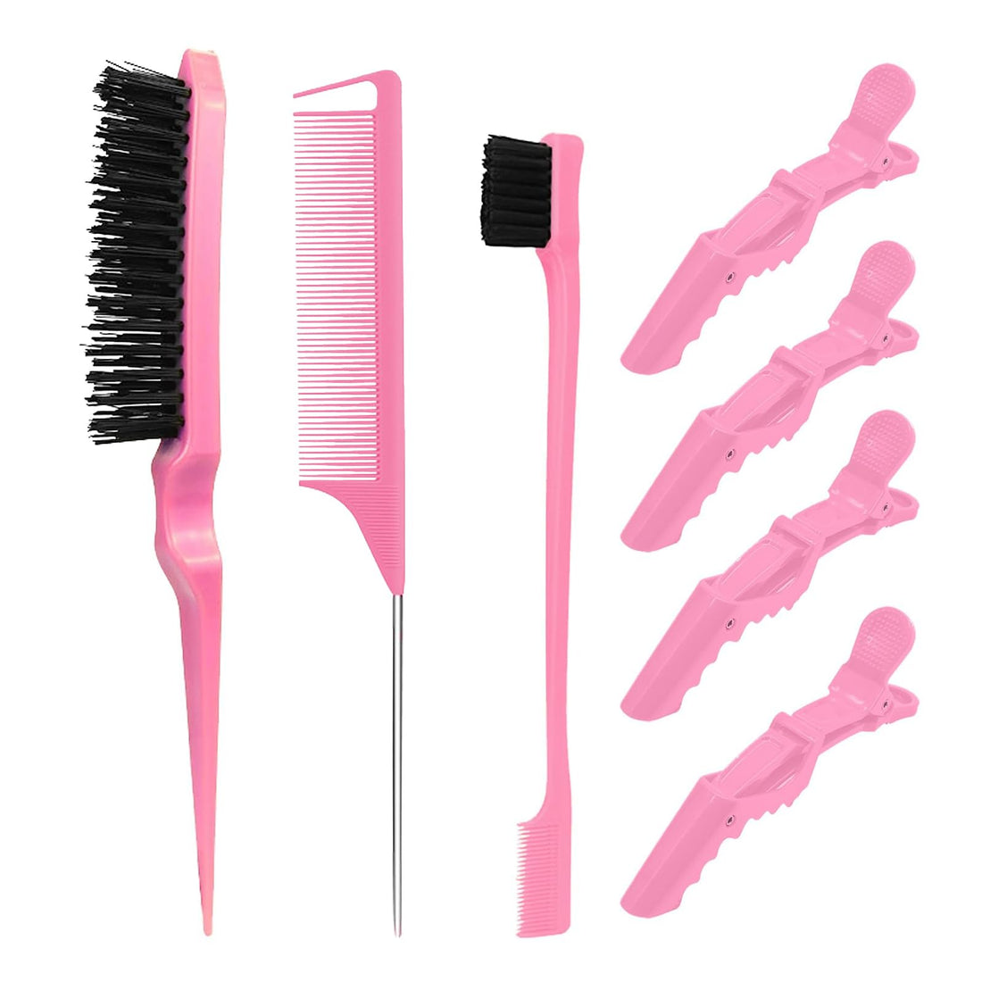 7 Pcs Hair Styling Comb Hair Brush Set - Bristle Slick Back Hair Brush Teasing Comb Rat Tail Comb with Gator Clips,Edge Brush for Wet or Dry Hair Edge Control Smoothing Baby Kids' Hair (Pink)