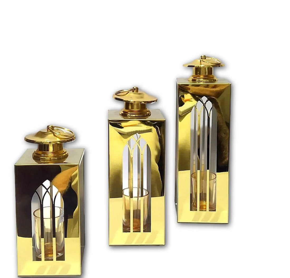 Elegant Outdoor Set - Sophisticated gold-plated stainless steel lantern trio with lotus mirror motifs, perfect for patios, gardens or interior corners, delivering refined illumination.