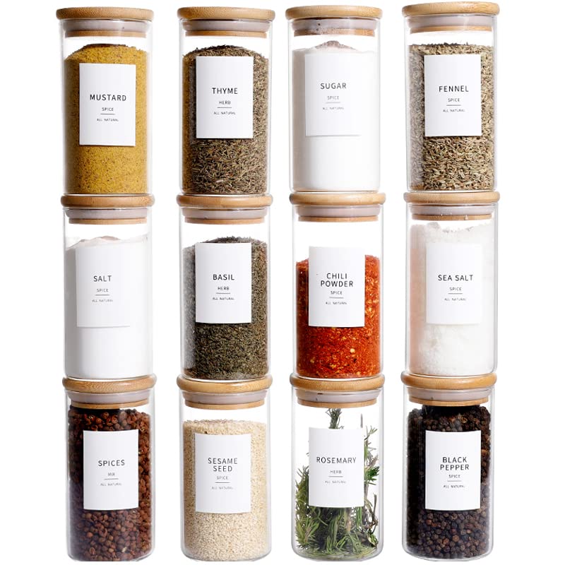 12 Pcs Glass Spice Jars With Bamboo Airtight Lids, 8oz Thicken(2.4mm) Spice Containers With 148 Minimalist Preprinted Waterproof Spice Labels, Kitchen Empty Small Storage Jars For Seasoning, Herb