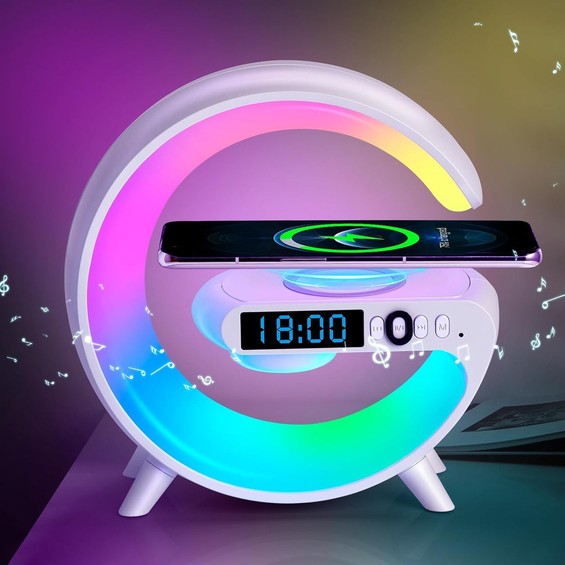 Sawiee LED Desk Lamp, 5 in 1 Fast 15W Wireless Charger for iPhone Android Bluetooth Speaker - Smart APP Control, Music Playing RGB Light Desktop Night Light, 256 Modes Alarm Clock Sound Machine(Black)