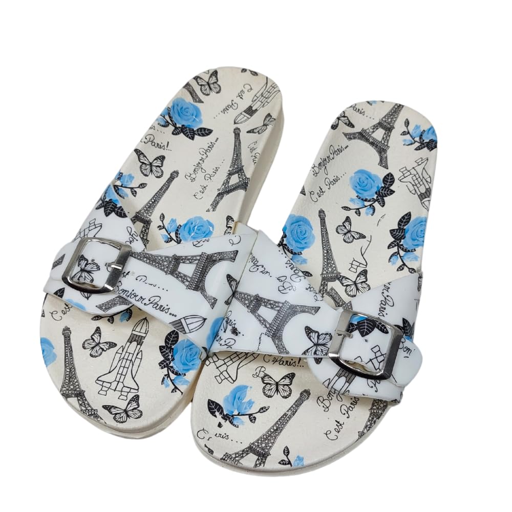 Women's Paris-Themed Slide Sandals, White with Blue Roses and Eiffel Tower Print, Buckle Closure Size 38 - شبشب حريمي مطاط مريح