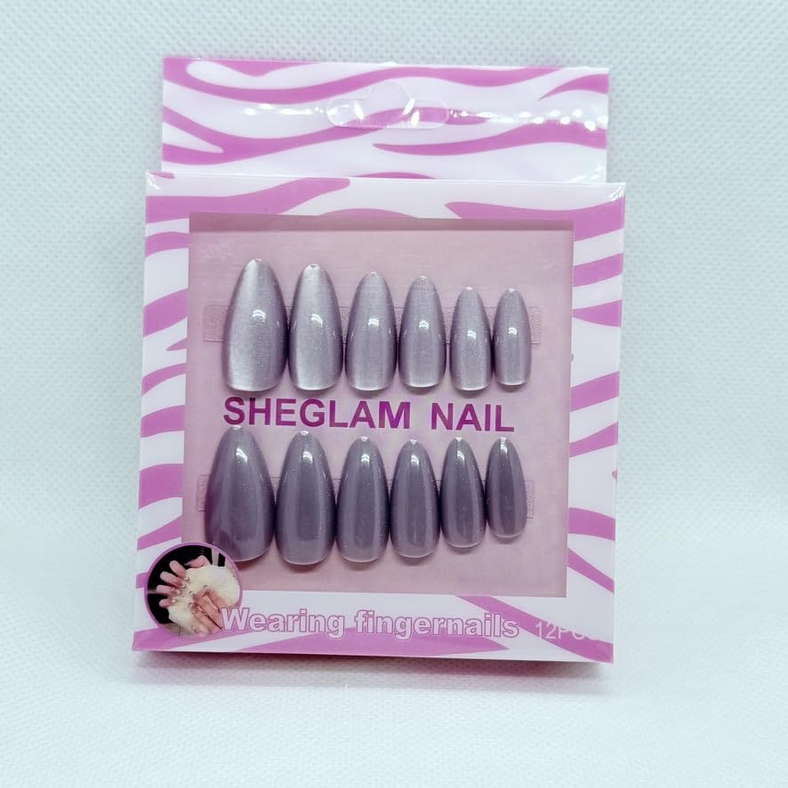 Press On Nails for Women – Glossy Reusable Fake Nails Set – Salon Style Artificial Stick On Nails with Magnetic Effect (Lavender)