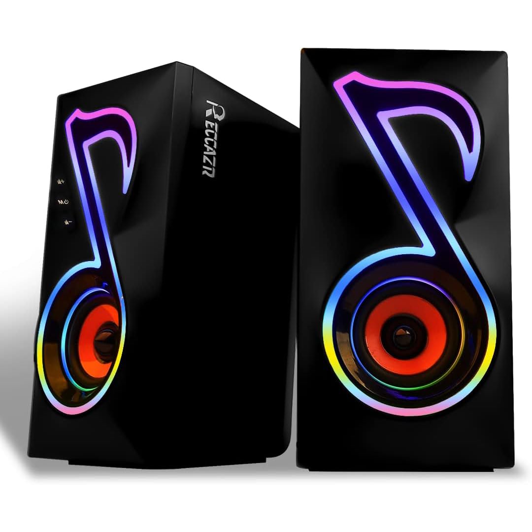 RECCAZR Computer Speakers, RGB Gaming PC Speakers with 6 Lights Modes and Easy Volume Control, 10W USB-Powered 2.0CH Stereo Desktop Speakers with 3.5mm AUX for PC/Laptop/Desktop/Projector/Monitor