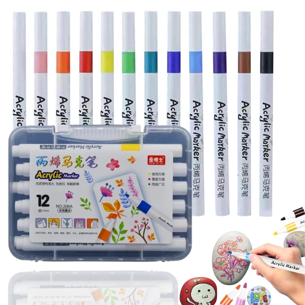 12 Pcs Acrylic Paint Markers Set | Acrylic Marker | Marker Pens for Rock Painting, Glass, Wood, Fabric, DIY Crafts, Drawing & Sketching – Quick Dry, Non-Toxic, Water-Based Ink