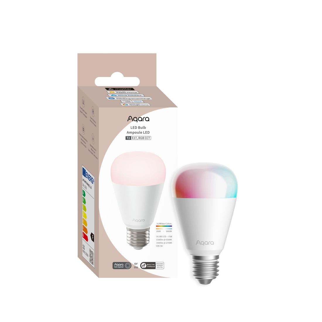 Aqara T2 E27 Thread/Zigbee LED Bulb, White Tunable (2000K-9000K), RGB with 16 Million Colors, Equivalent to 75W, Matter, Supports HomeKit, Alexa, Google Home