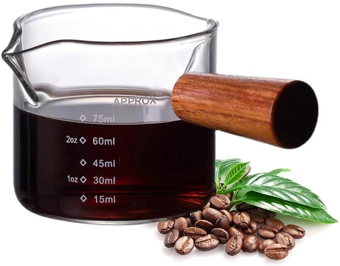 KASTWAVE 3 Oz Espresso Measuring Cup With Wooden Handle - Triple Pot Double Spout Glass Creamer - Barista Coffee Bottle for Sauce - 75Ml