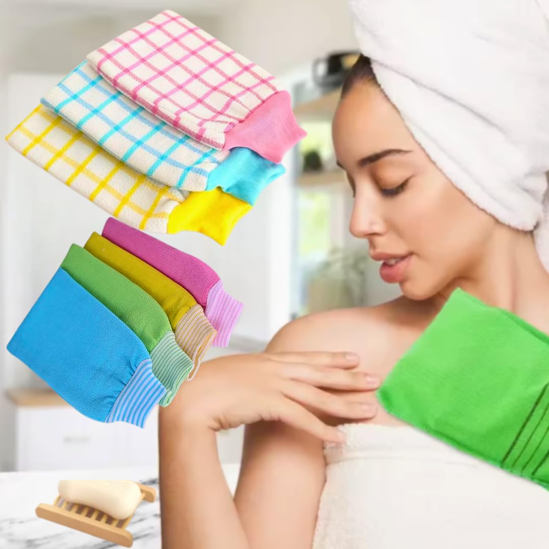 Set of 2 Natural Korean Exfoliating Gloves, Bath Body Scrubber Gloves, Dead Skin Remover, Deep Cleaning, Use with Soap, Body Scrubs, or Shower Gel Random Colors
