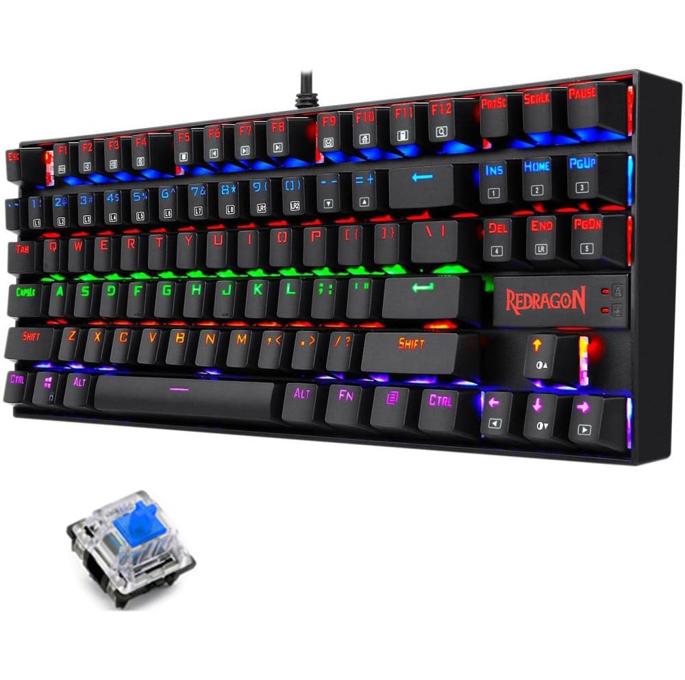 Redragon K552 KUMARA Mechanical Gaming Keyboard - BLUE Switch - Rainbow Backlight - 87 Key TKL Size - Arabic/English Keys|| Black