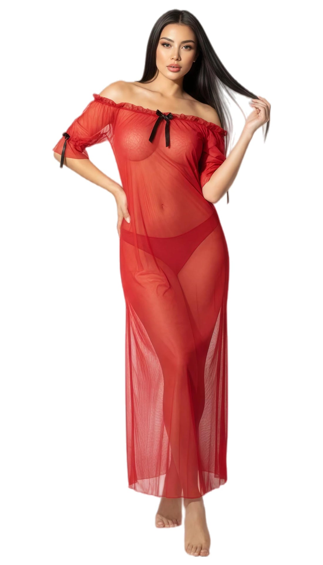 MANIKAN Black Sheer Mesh Off-Shoulder Dress with Pink Bow Detail, Long Sleeve, Maxi Length