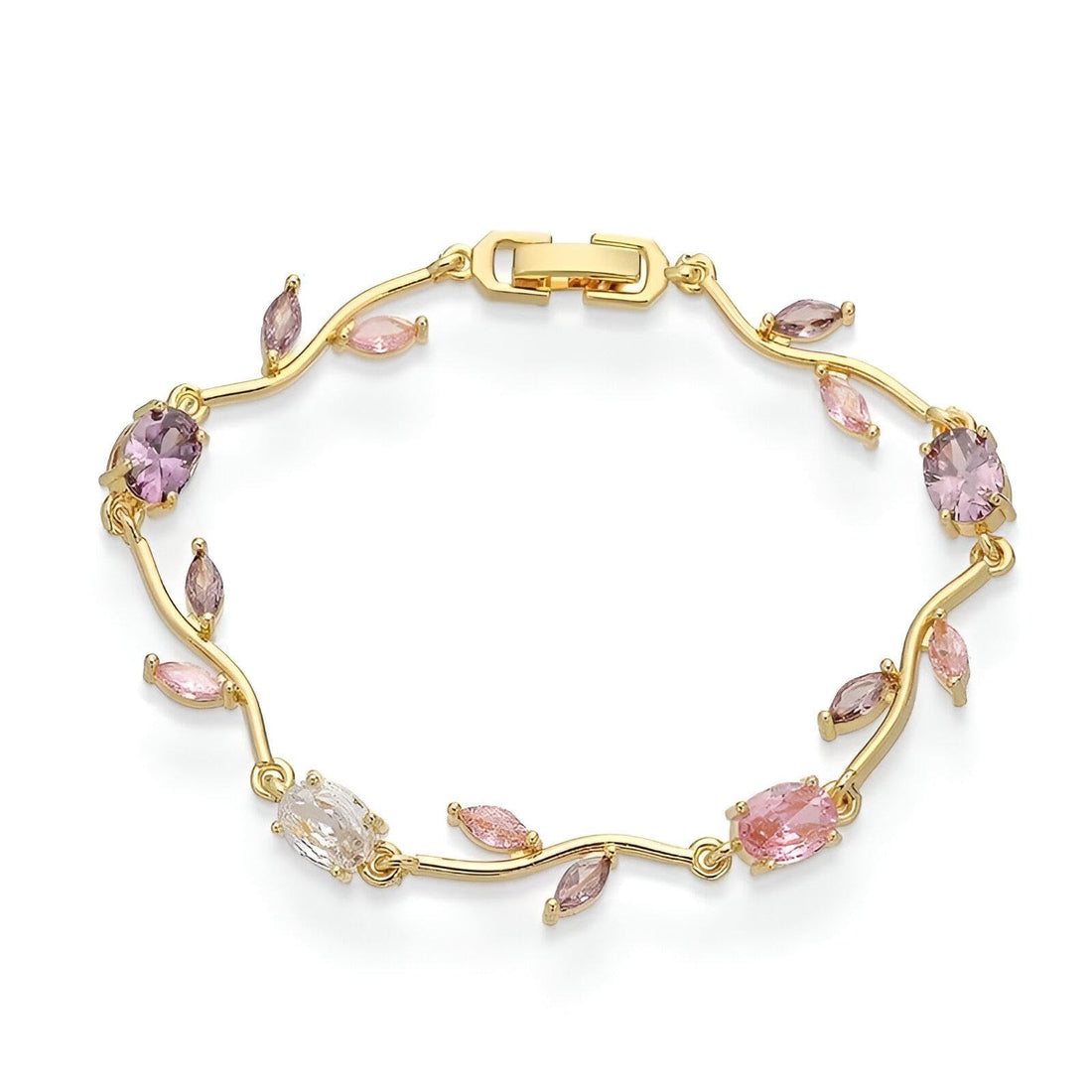 Gold-Toned Tulip Bracelet - Stylish stainless steel bracelet featuring a blooming tulip motif adorned with vibrant zircon gems, perfect for elegant occasions.