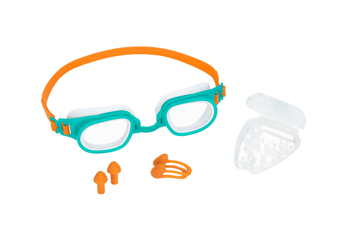 Bestway kids goggle set with nose and ear plus 3 in 1 | swimming goggles with uv protection and adjustable straps, aquanaut essential