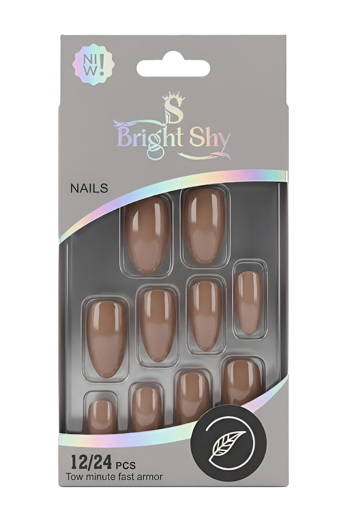 Nopatia 24 Pieces Long Coffin False Nails Set Easy to Stick on Nails for Instant Manicure Elegant Look Attractive Glossy Colors for Events Evening Daily Use (Brown)