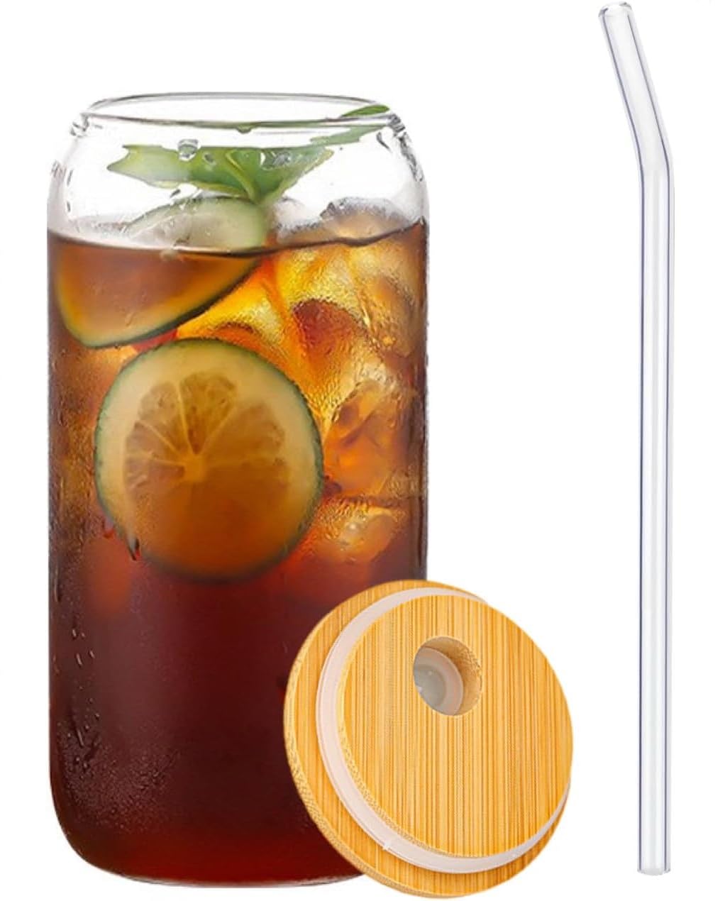 KELVEE Reusable Glass Tumbler with Airtight Lid and Straw Pack of 1, 400ml Travel Coffee Sipper Mug for Juice Cocktail Iced Tea Smoothie Hot Cold Drink Cup Home & Office (Clear)