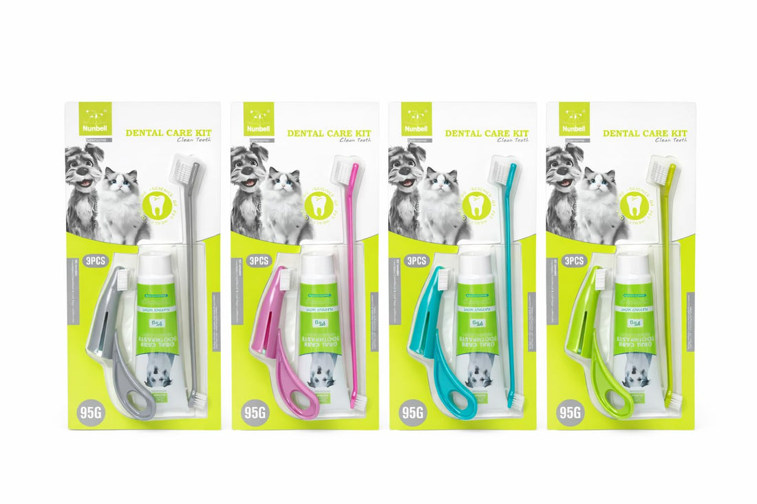 Nunbell Pet Dental Care Kit, 3 Pieces, Dog and Cat Toothbrush Set with Toothpaste (Green)