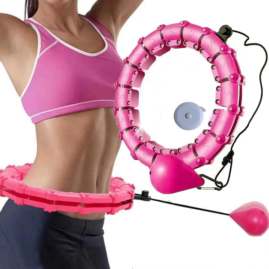 Weighted Hula Hoop for Adults Weight Loss Infinity Hoop Plus Size 24 Detachable Knots 2 in 1 Abdomen Fitness Massage Smart Hula Hoops Fit Suitable for Women Exercise and Beginners Pink