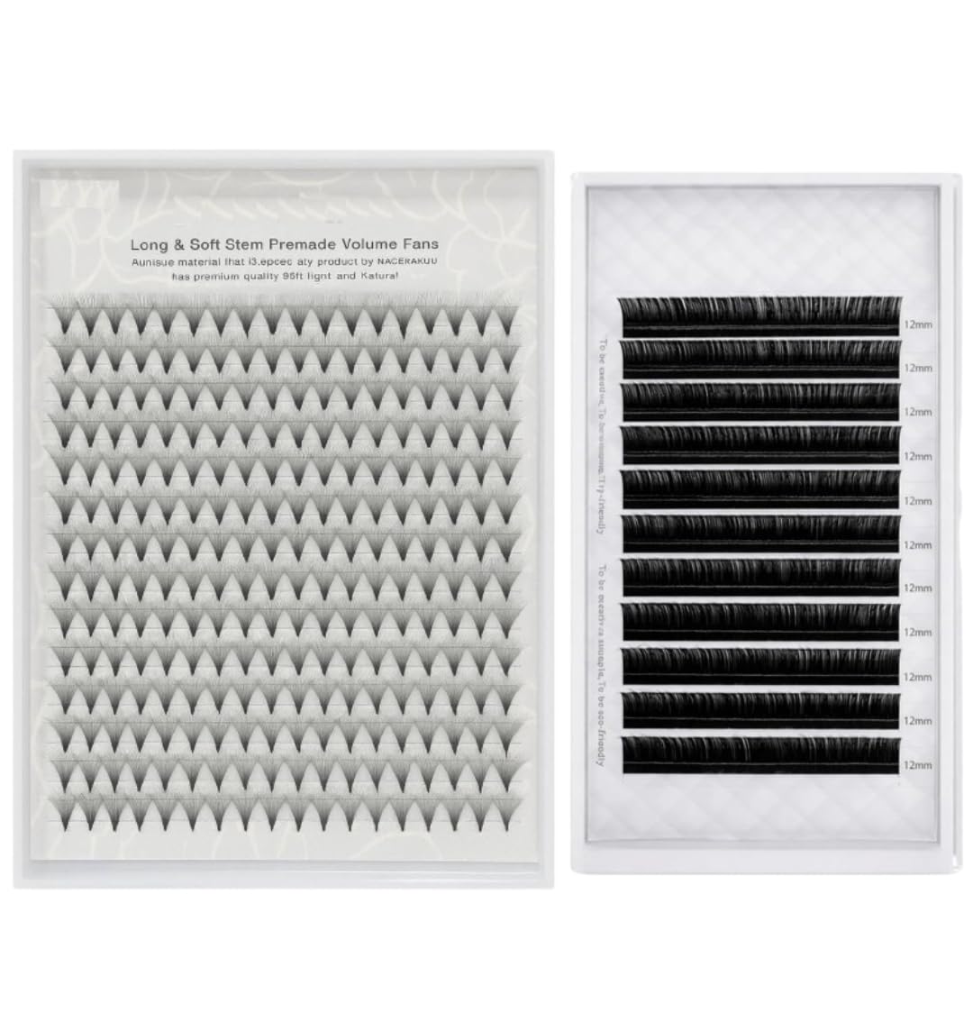 Eyelash Extensions Set Premade Volume Fans 20D 11mm & Individual Classic Lashes 0.07C 12mm Hair by Hair, Soft Lightweight Natural to Full Volume Lash Extensions for Salon and Home Use
