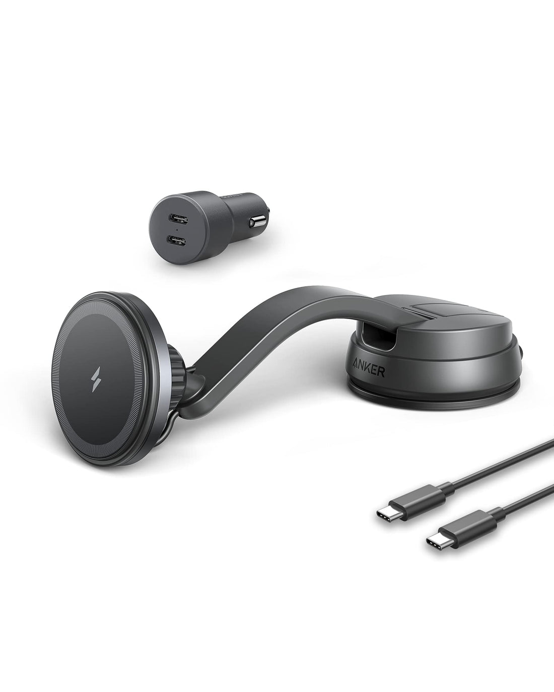 Anker Magnetic Wireless Charger (MagGo), 613 Car Charging Mount with 2-Port USB Car Charger, 5 ft USB-C to USB-A Cable, t only for iPhone 4/14 Pro/14 Pro Max/13/13 Pro Max+ 18 Months Local Warranty