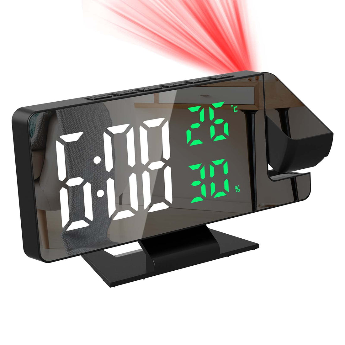 Newest Projection Alarm Clock, 4-Level Dimmer, 7.8" Large Mirror Screen, Snooze Function, 12/24H, Temperature Humidity Display, Three Alarm Modes, with 180° Projector for Bedroom, Living Room