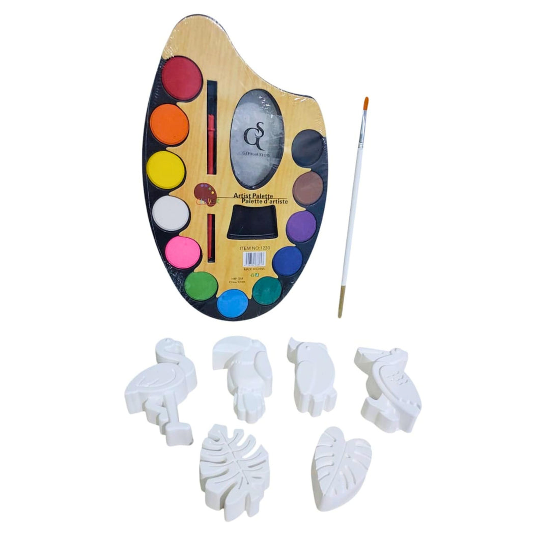 Gypsum Shapes for Coloring (6 Tropical Birds) +12-Color Watercolor Palette + Free Bonus Brush. Complete Art Set to Replace Screens and Develop Children's Skills and Focus.