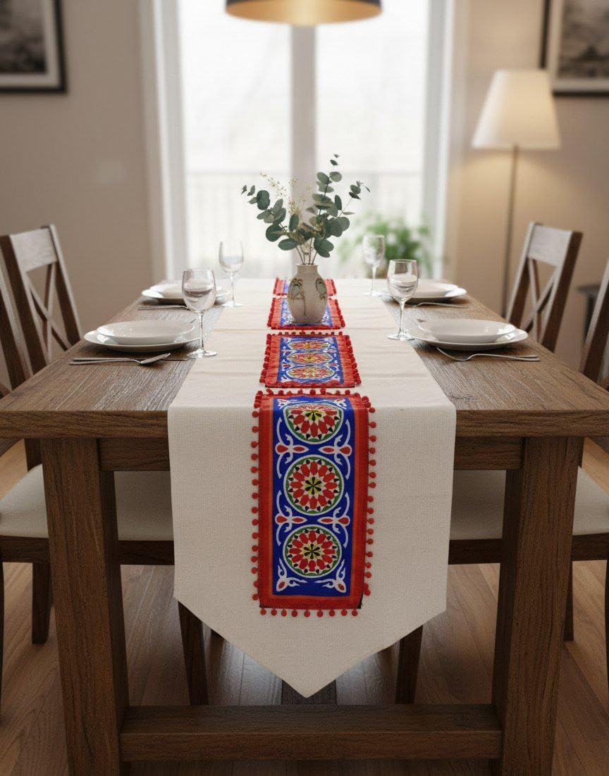 Table Runner with , Beige with Blue and Red Geometric Pattern, 45x120 cm .flo