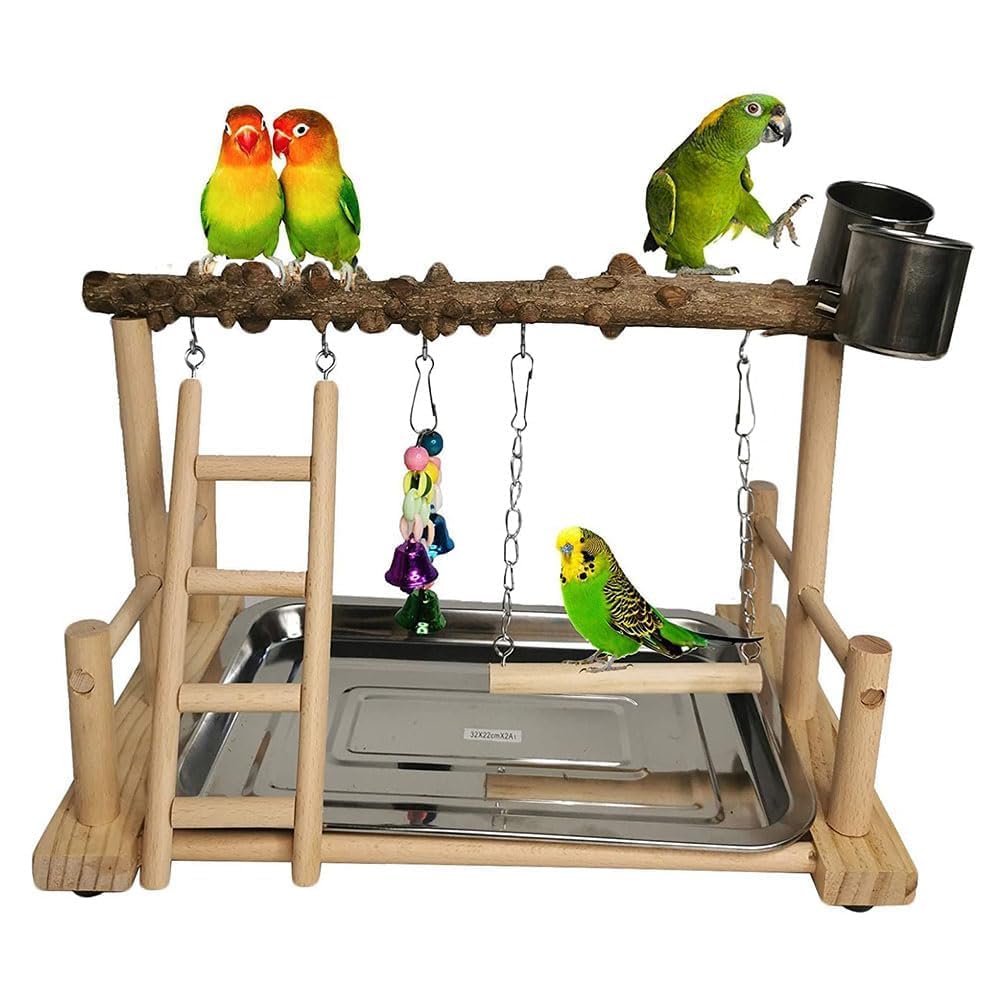 Aputue Bird Playstand, Wood Play Perch Exercise Gym with Feeder Cups Toys, Parrot Playground Bird Playstand, Cockatiel with Ladder Hanging Swing for Pet Conure Lovebirds Activity Training Stand