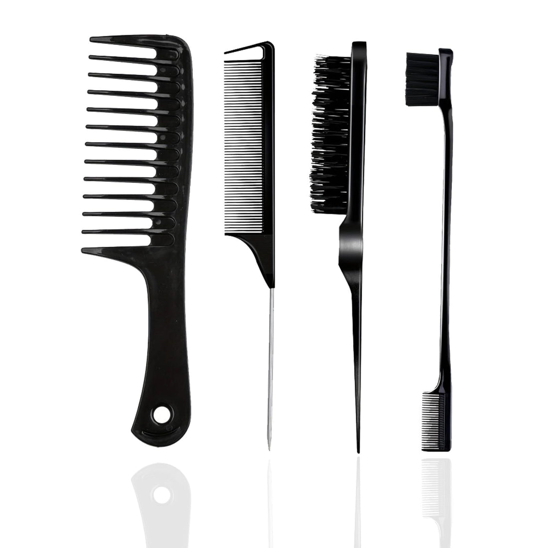 4 Pieces Hair Styling Comb Set, Double Sided Edges Brush, Teasing Hair Brush Rat Tail Comb, Combs for Women, Edge Control Brush, Plastic Bristle, for Home, Hairdressers, Black