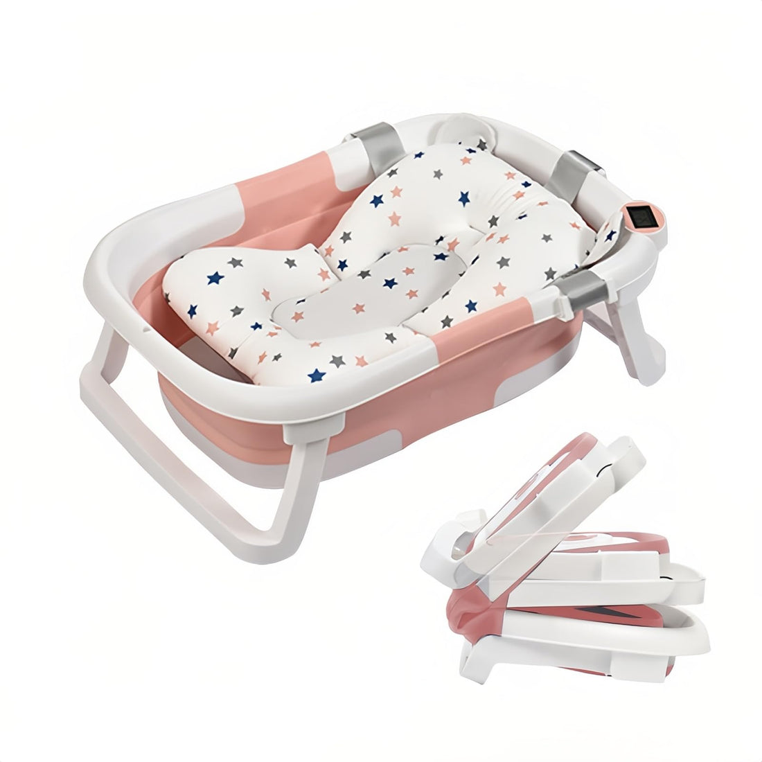 Arabest Collapsible Baby Bathtub, Portable Baby Bathtub with Soft Floating Cushion, Baby Shower Bath Tub WithTemperature Sensor for Newborn/Infant/Toddler (Pink)