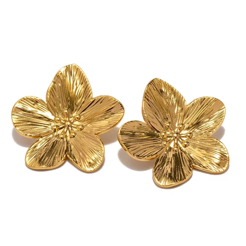 Tarnish Free Vintage Gold Flower Metal Earrings Stainless Floral Modern Women Gift Fashion