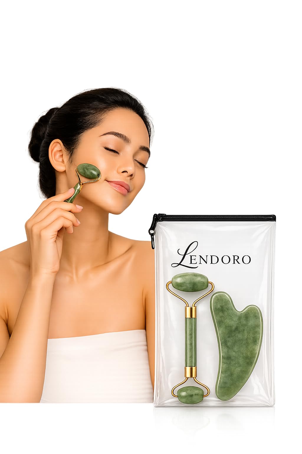 LENDORO Jade Roller and Gua Sha Set, Natural Jade, Face Massage Tool for Anti-Wrinkle, Face-Lifting, Skin Care