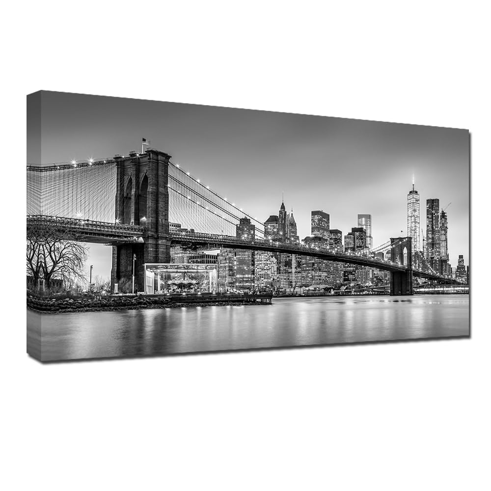 RELIABLI ART Black and White New York Picture Brooklyn Bridge Canvas Wall Night Manhattan City Poster Canvas Print Framed Gallery Wrapped Modern Home Office Decoration 20x40inch