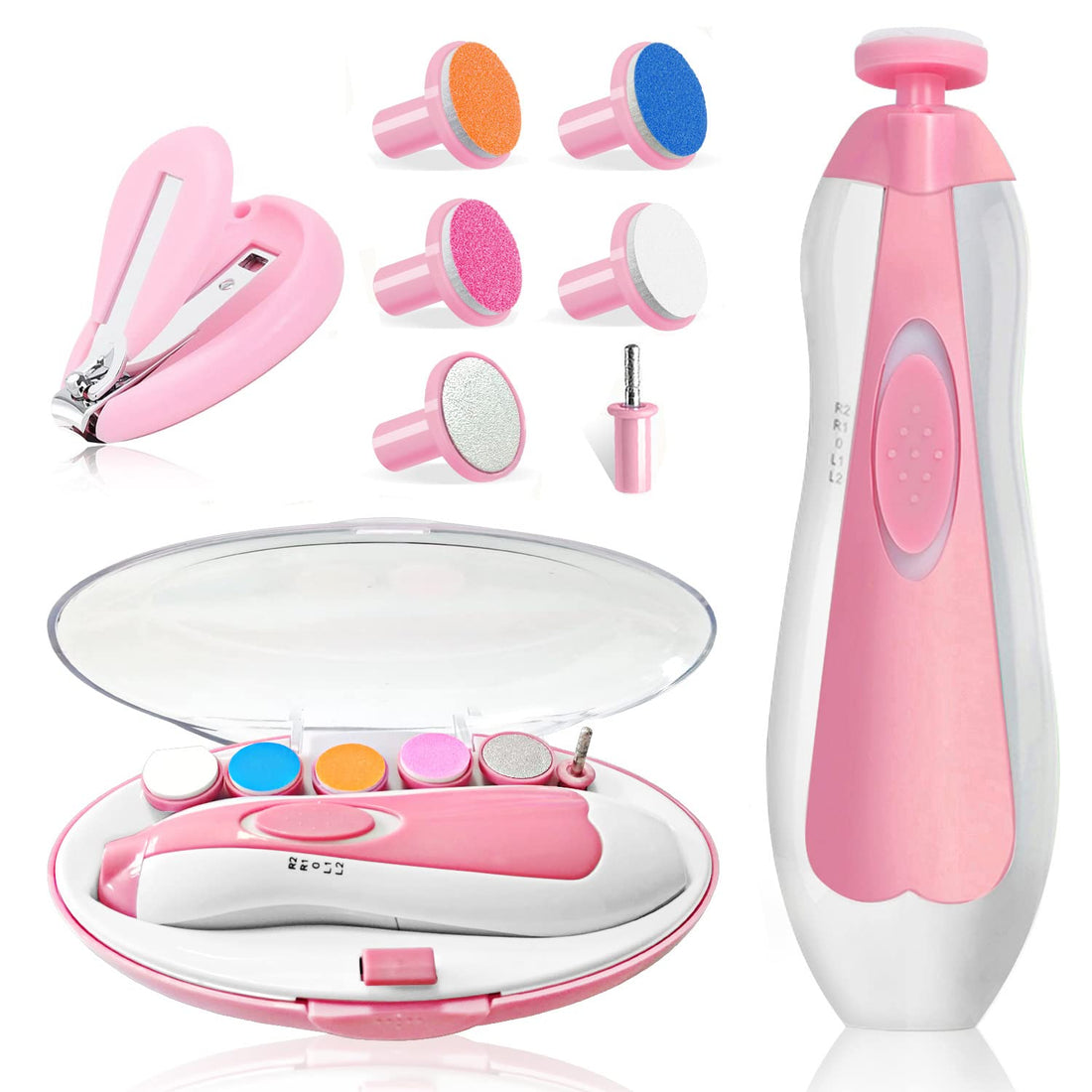 Baby Nail Trimmer Electric,Safe Baby Nail Manicure Set with Nail Clippers,Toes Fingernails Care Trim Polish Grooming Kit for Newborn Toddler Kids Adult,Grinding Heads & LED Light
