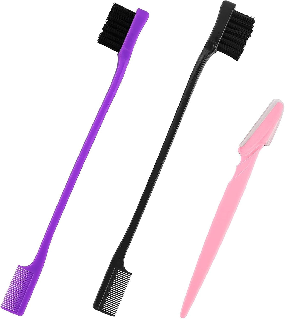 2 Pieces Hair Edge Brushes with 1 Eyebrow Trimmer, Double Sided Control Hair Brushes, Hair Gel Brush (Black, Purple)