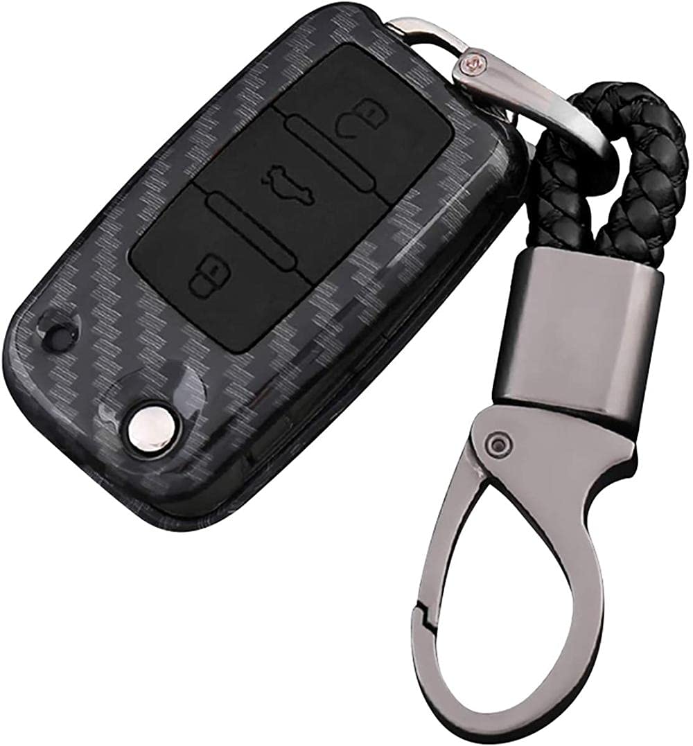 Carbon Fiber Texture Remote Key Fob Case Cover with Key Fob Key Ring Key Shell, fit for Volkswagen Passat Jetta Golf EOS Beetle