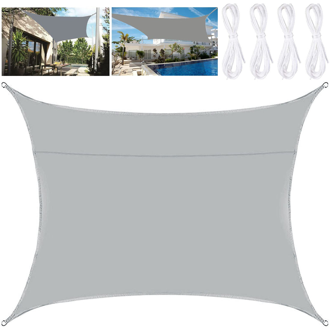 Sun Shade Sail, 2 x 3 m, Rectangular Waterproof Sun Shade Sail, Garden Sun Sail, UV Resistant, for Outdoors, with Rope, Grey