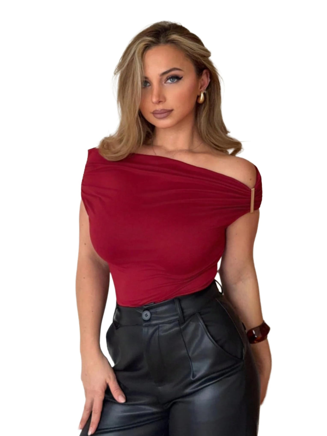 SHEIN Women Top - Burgundy Red Pleated Off Shoulder Slim Fit Blouse - Minimalist Short Sleeve Cropped T-Shirt - Elegant Ruched Backless for Valentine's Day and Concerts