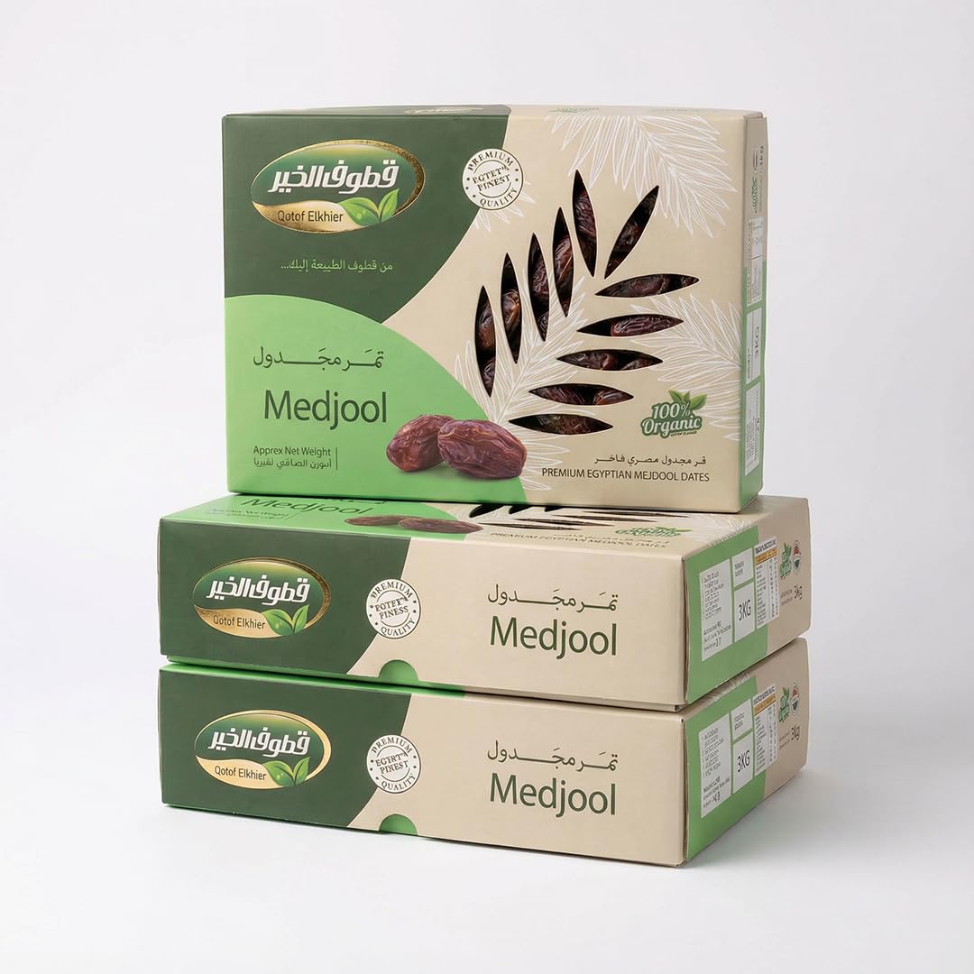 قطوف الخير تمر مجدول سوبر بريميوم، تمر مصري ، 1 كجم × 3 عبوات | Qotof Elkhier Super Premium Medjool Dates, 100% Organic Egyptian Dates, 1kg x 3 Pack