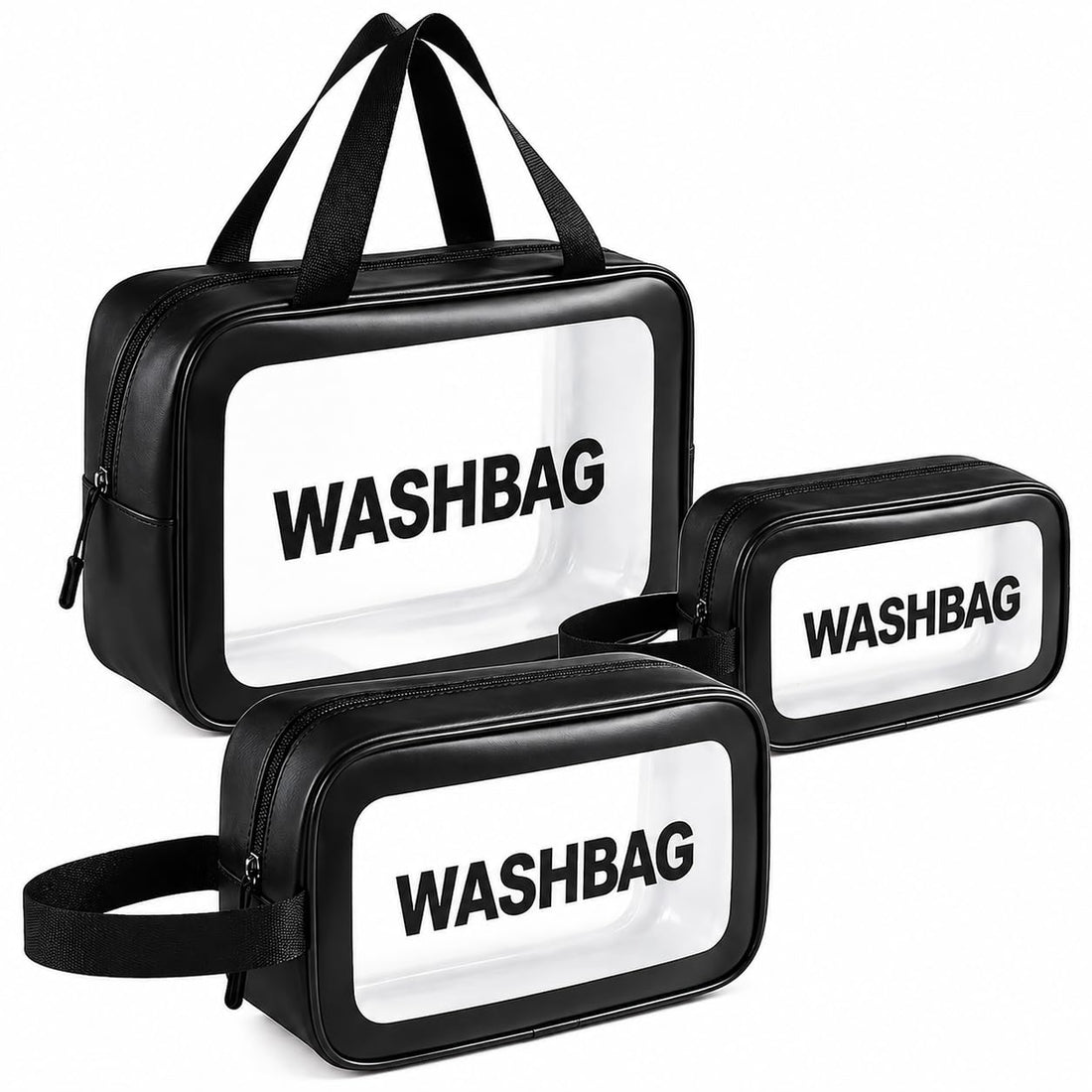 OVA Clear Bags Set – 3 Pieces Transparent Cosmetic and Toiletry Bags with Zipper, Multi-Size Travel Organizers for Daily Use (Black)