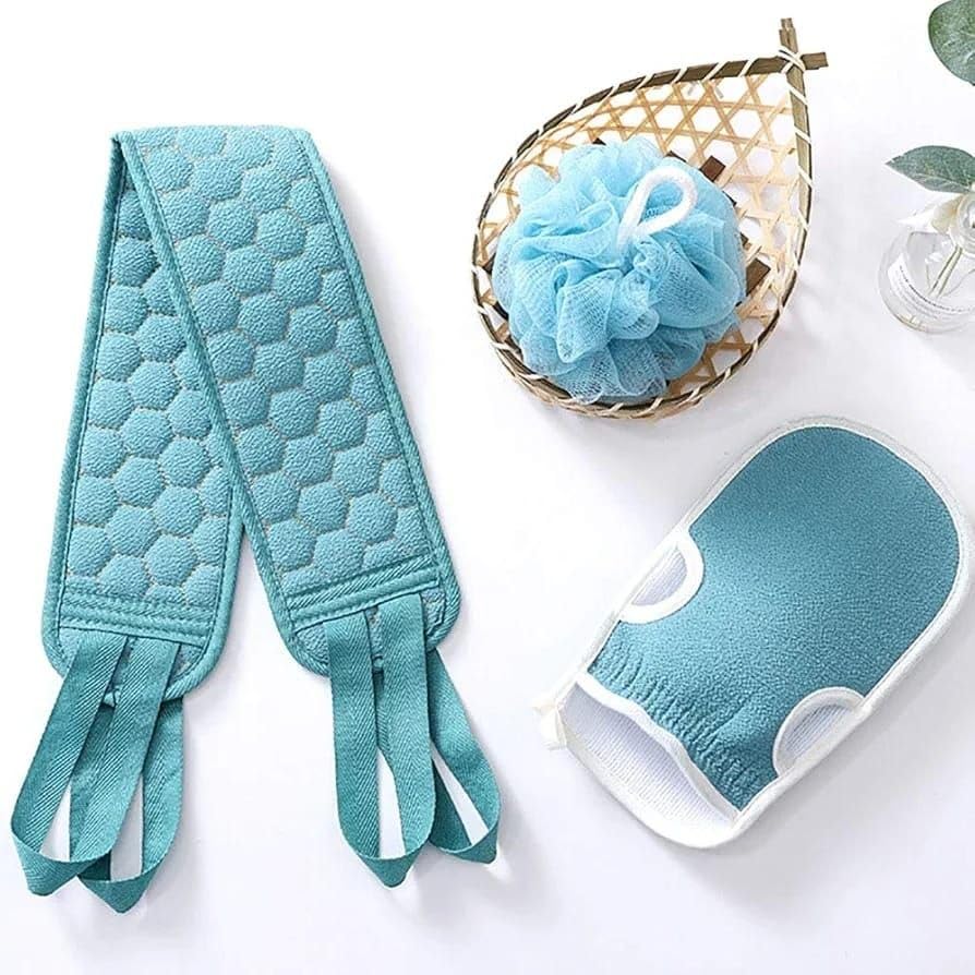 Bath Loofah Set 3-in-1 – Round Mesh Sponge, Long Back Washer, and Exfoliating Glove – Gentle Body Scrubber Kit for Daily Shower and Skin Exfoliation