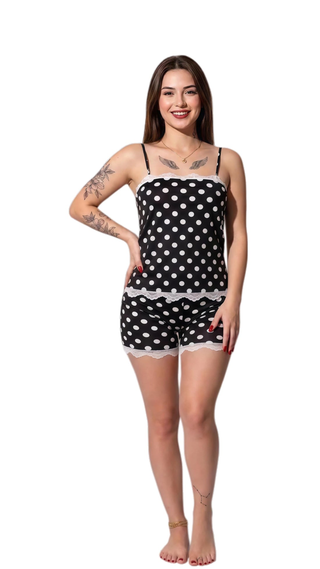 MANIKAN Women's Polka Dot Cami and Shorts Pajama Set with Lace Trim Sleepwear