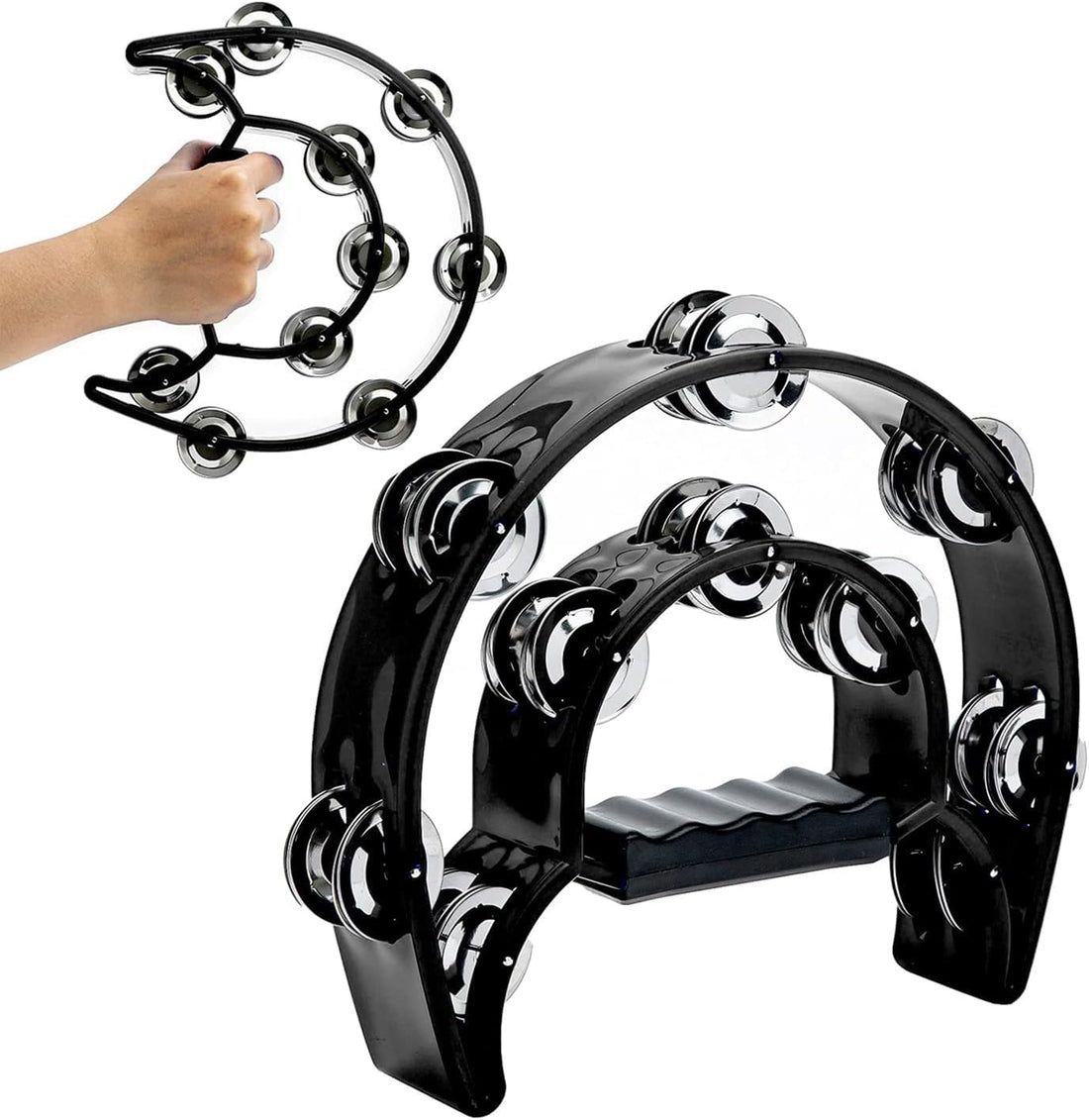 Bukela Tambourine Double Row Metal, Jingles Hand, Held Percussion Half Moon Tambourines Musical Instrument Gifts for Kids, Adults, Party, Black