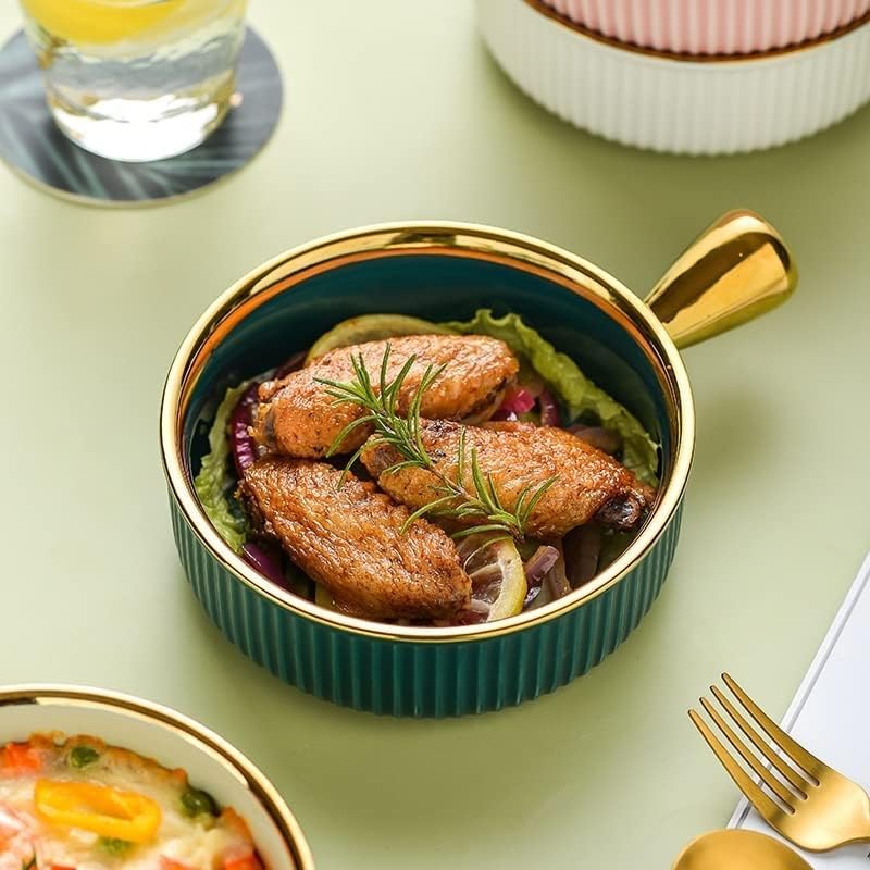 Porcelain Casserole Dish with Gold Handle, Ribbed Elegant Serving Pot for Soup, Stew, Baking & Table Presentation, Luxury Oven Safe Dinnerware for Stylish Kitchen & Dining Use
