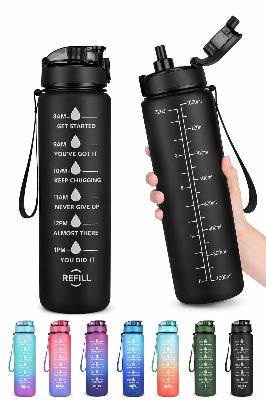 ENERBON Motivational Sports Water Bottle 1000ml with Time Marker – Leak Proof – BPA Free Safe & Healthy – Straw & Secure Strap Lid – Perfect for Gym, Diet, Sports, Daily Work, Black