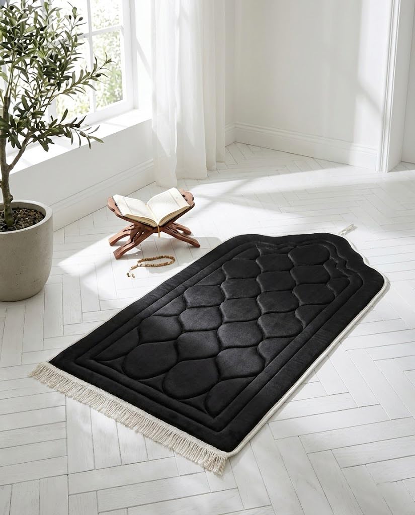 Premium Prayer Mat Padded Comfort Knees Soft Velvet Fabric Ottoman Style Large Size 120x70cm (Sponge 1.5cm), Royal Colors (Black)